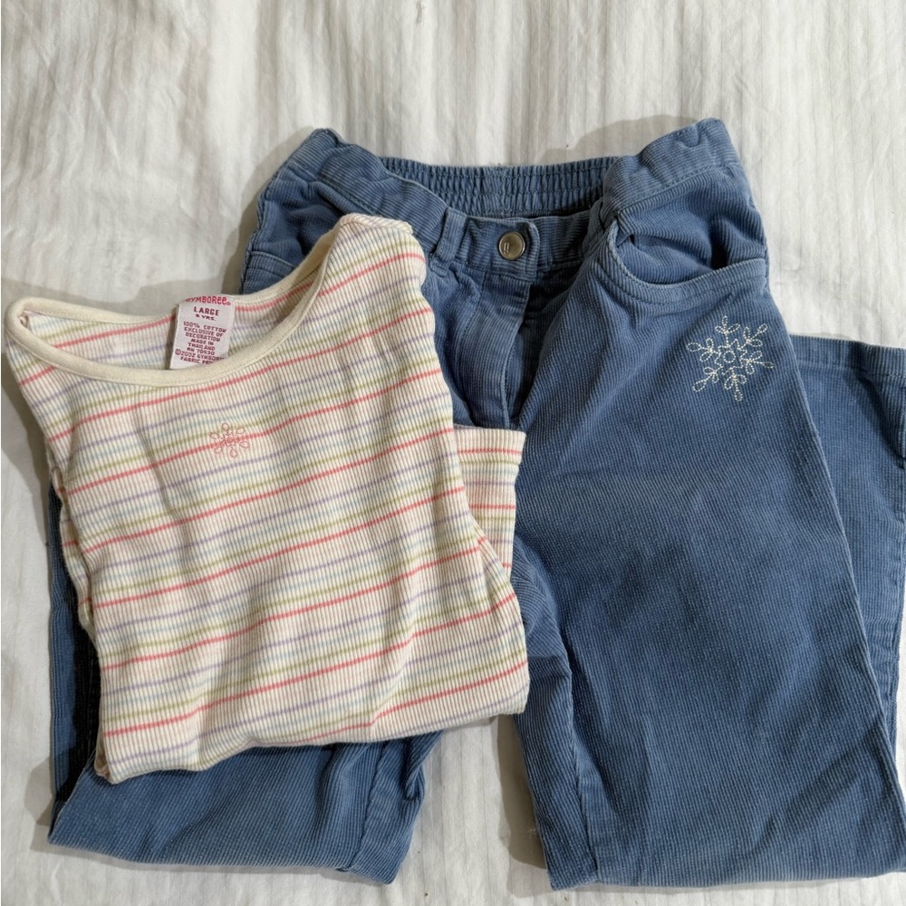 Retired gymboree cord pants with embroidered ice skater with snowflake shirt